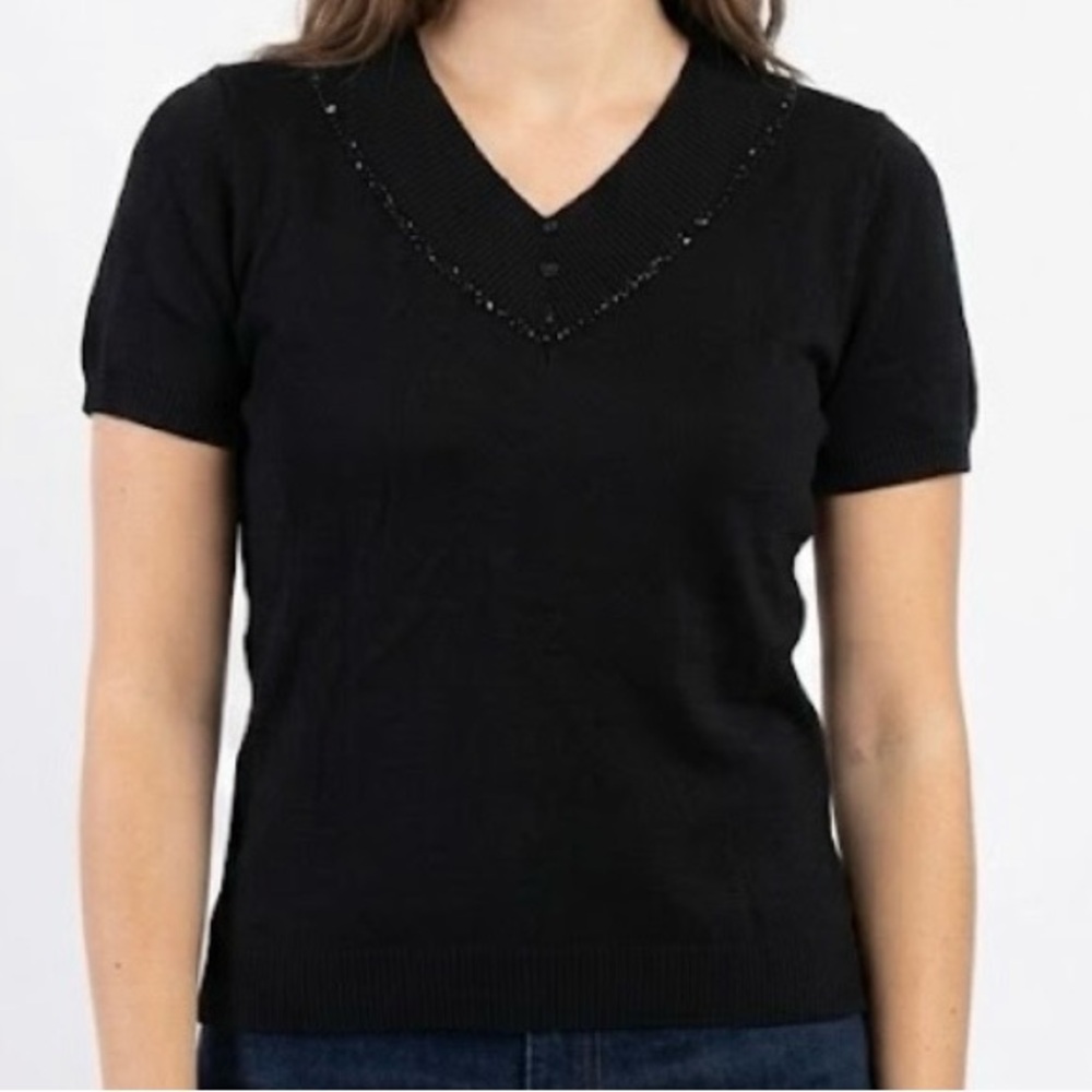 80s/90s Hong Kong Beaded Silk Blend Knit Sweater Top Black V-Neck Refined Grunge - Picture 1 of 5